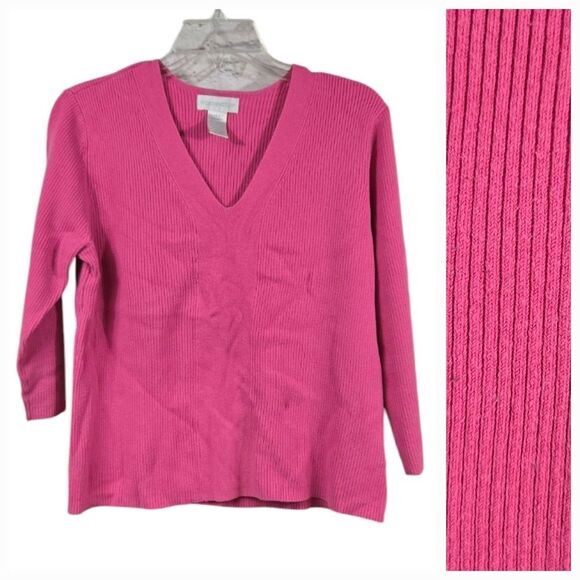 Worthington Hot Pink V-Neck Ribbed Sweater 3/4 Sleeve Pullover Women's L Winter - Picture 1 of 8